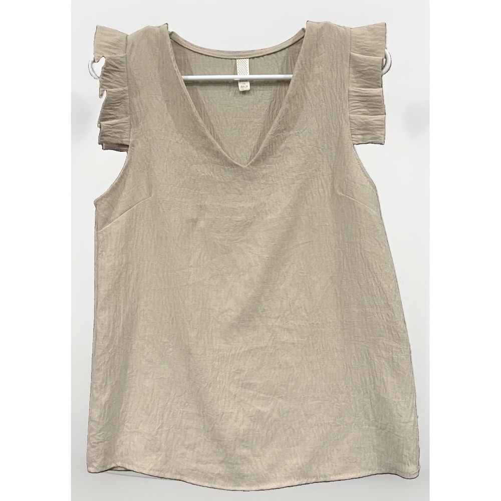 MADE IN ITALY! Lovely Tan Sleeveless Swing Blouse Sz M Pleated Ruffle Academia